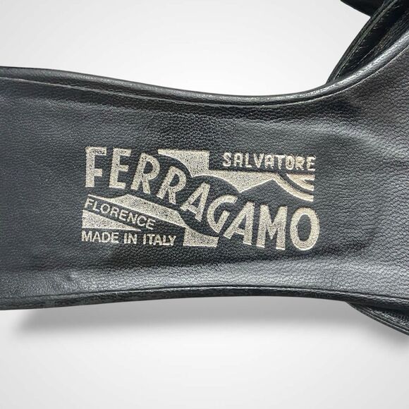 Salvatore Ferragamo Women Black Mule Sandals Sz 7.5 Peep Toe Kitten Heel Leather - Picture 4 of 10